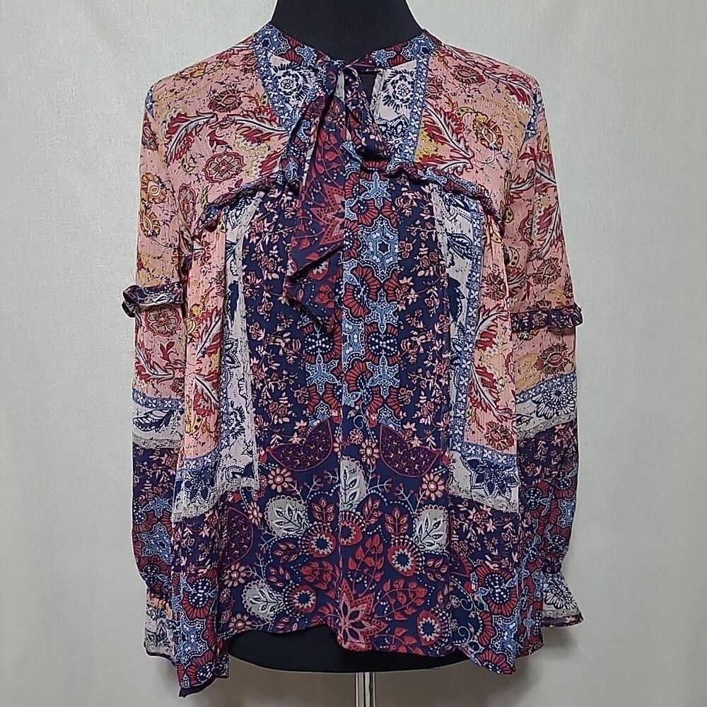 Knox Rose Top Boho Sheer Women Size XS Floral Pink Red Blue Long Sleeve Ruffle
